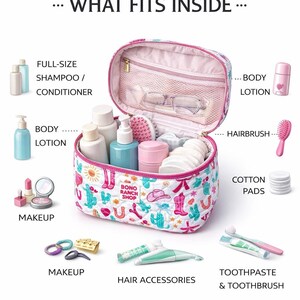 May include: A cosmetic bag with a colorful pattern of cacti, cowboy boots, and hats. The bag is open, revealing various toiletries, including shampoo, conditioner, body lotion, makeup, a hairbrush, cotton pads, and hair accessories.