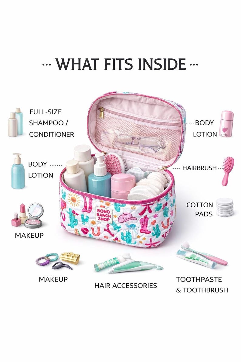 May include: A cosmetic bag with a colorful pattern of cacti, cowboy boots, and hats. The bag is open, revealing various toiletries, including shampoo, conditioner, body lotion, makeup, a hairbrush, cotton pads, and hair accessories.
