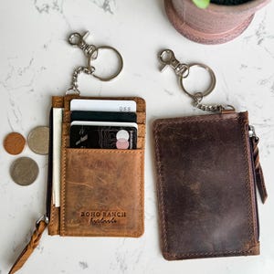 LLAVERO DE CUERO / Llavero de cuero genuino encerado, tarjetero, monedero, idea de regalo, regalo rústico resistente para ella y él