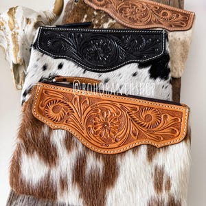 LEXIE COWHIDE WRISTLET | Western Genuine Hair on Cowhide + Hand Tooled Leather Wristlet Clutch | Purse Wallet Handbag Leather Back