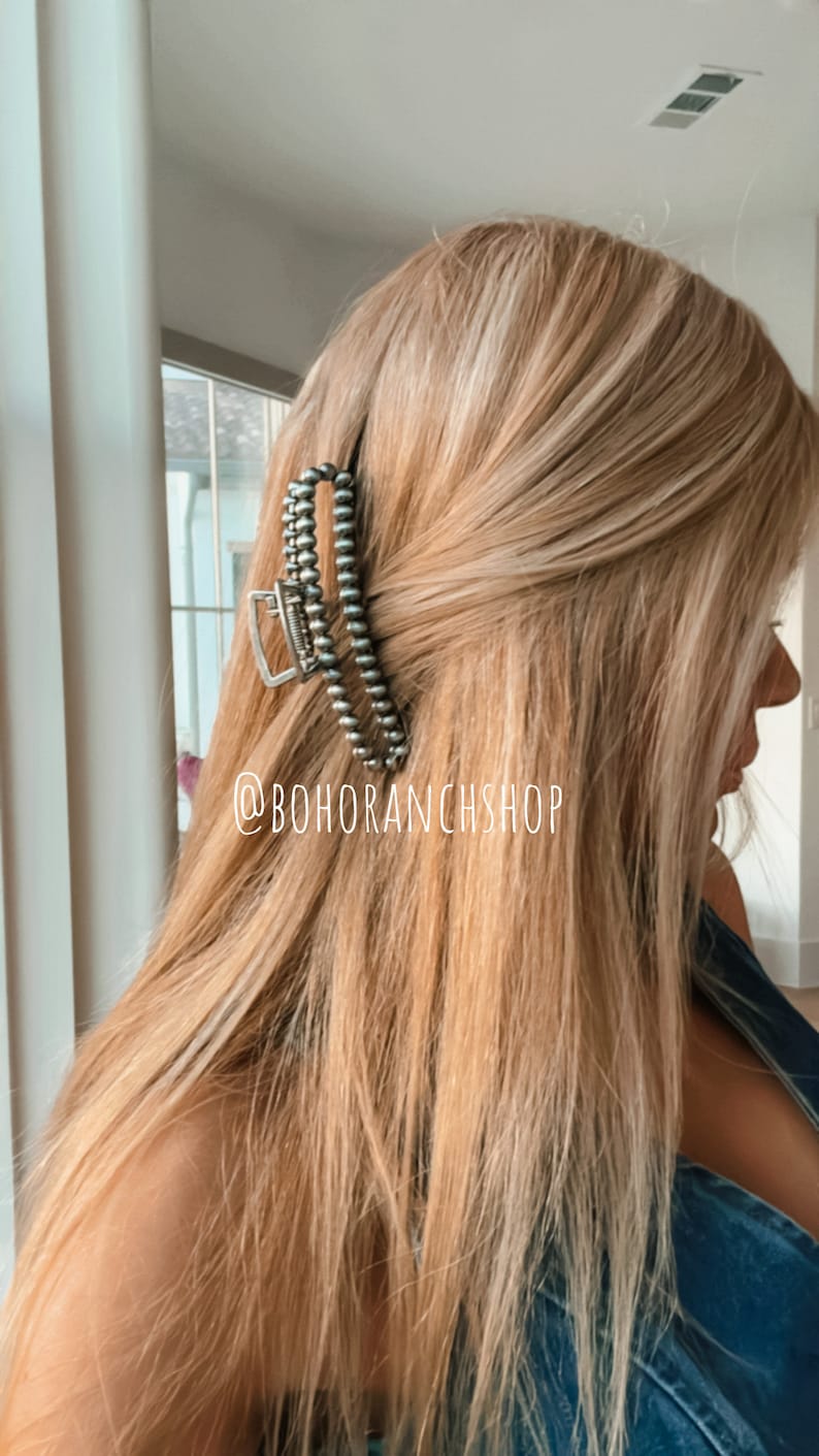 May include: A silver hair clip with a beaded design. The clip is in a woman's blonde hair. The text "@BOHORANCHSHOP" is visible in the image.