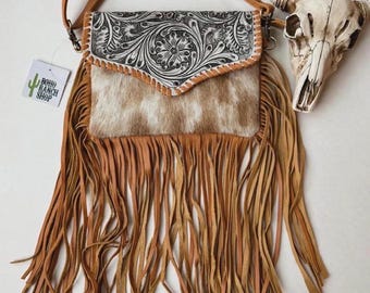 THE ABIGAIL - CROSSBODY Western Tooled Leather Cowhide clutch crossbody | hair on hide fur purse Messenger Fringe cowhide Bag leather