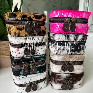 MINI COWHIDE JEWELRY box | square mini jewelry storage box travel case  | gift idea | leather cowhide tooled leather | punchy cowgirl