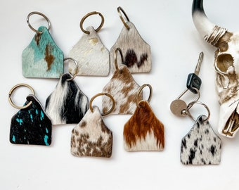 COWHIDE EARTAG KEYCHAIN | Cow Cattle Ear Tag hair on cowhide leather keychain | key chain  | leather hairon cowhide cowhide llavero