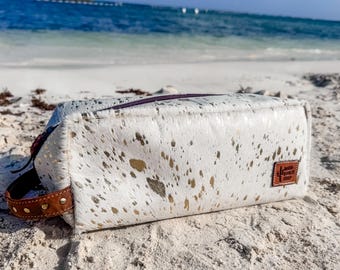 XL COWHIDE TOILETRY bag Genuine Hair On cowhide | Leather hair tools makeup bag travel toiletry pouch western shaving cosmetics