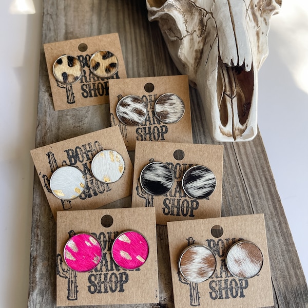 ROUND COWHIDE STUD earrings - Genuine Leather Cowhide Round Post Earrings | jewelry earrings Studs howdy rodeo  | stud stainless steel