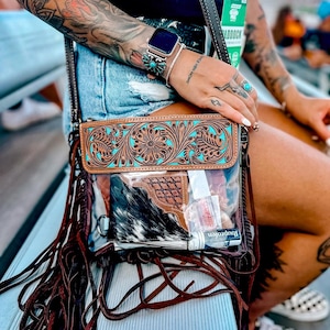 TOOLED LEATHER PURSE | hand tooled western concert bag purse clear stadium bag, punchy transparent western crossbody game day vinyl festival