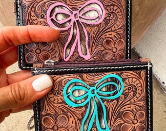COWBOY HAT / BOW Keychain - brown wallet | Genuine hair on Cowhide Keychain Credit Card cash Holder Coin Pouch Gifts For Her Him