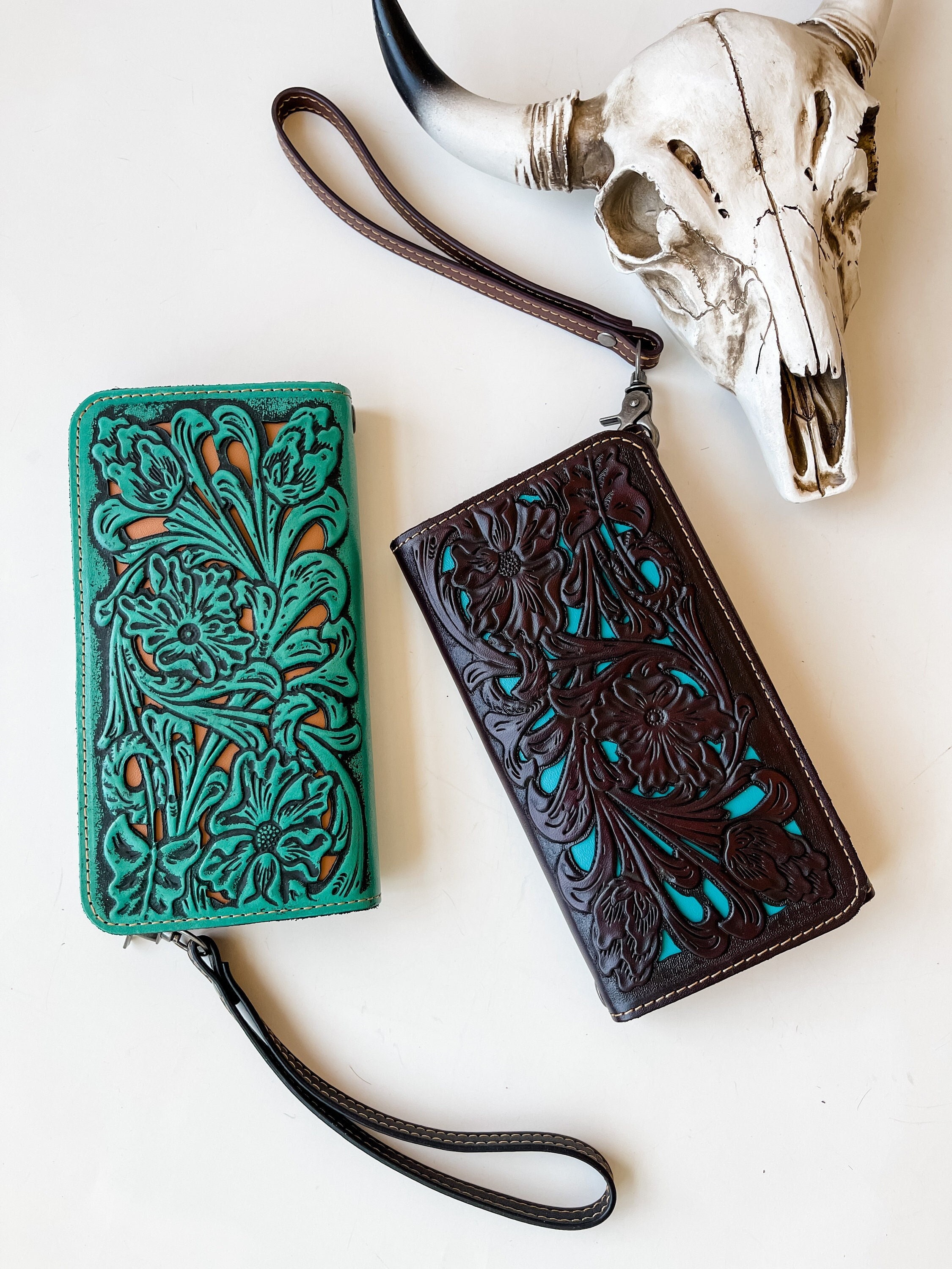 PHONE WRISTLET WALLET Western Genuine Hand Tooled Leather Phone Wallet Wristlet | genuine leather |  Clutch | Wallet  Leather Back