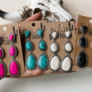 METAL STONE DROP Earrings 3 tier | Southwestern Jewelry  Turquoise black white fuchsia  | rodeo howdy bride bridesmaids bachelorette wedding