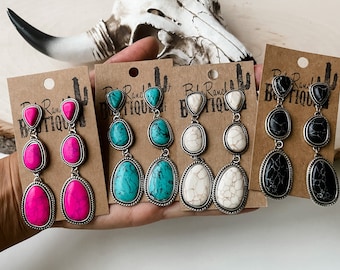 METAL STONE DROP Earrings 3 tier | Southwestern Jewelry  Turquoise black white fuchsia  | rodeo howdy bride bridesmaids bachelorette wedding