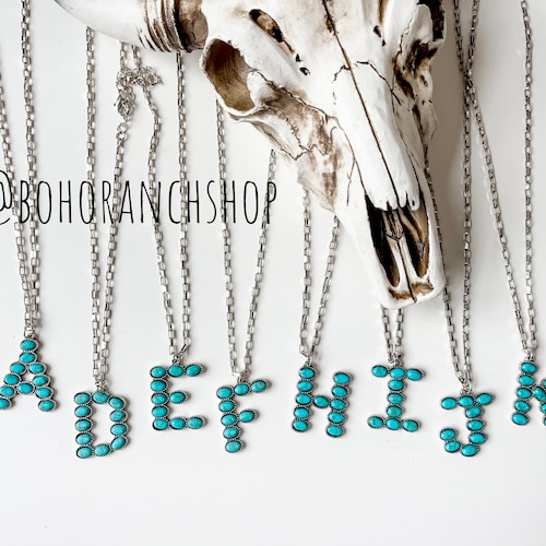 Turquoise Oval Stone Initial Necklace 
