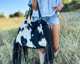WEEKENDER FRINGE DUFFLE leather hair on cowhide duffel travel bag | Tote purse | diaper Bag Weekend Overnight hospital bag | great gift!