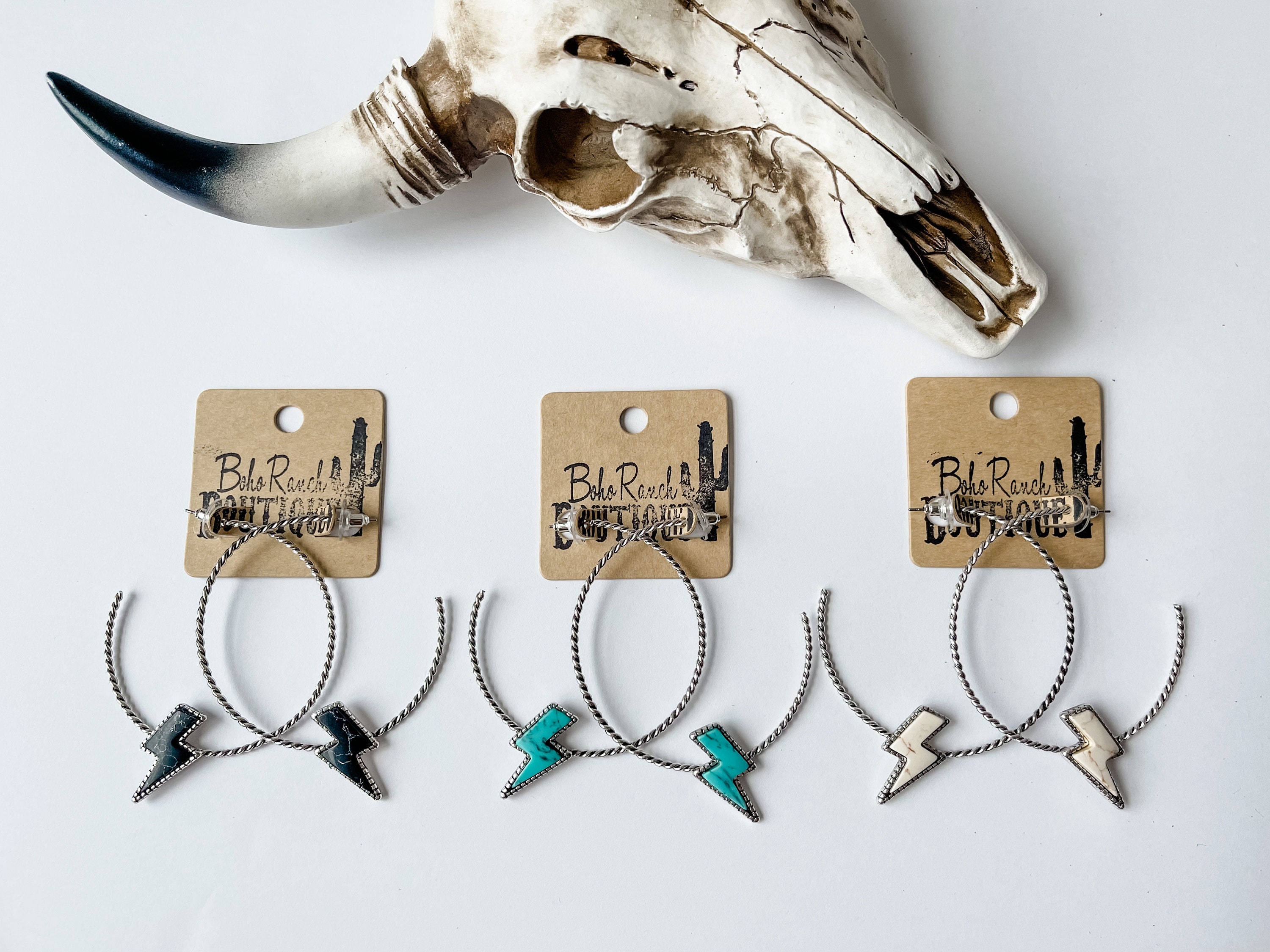 Lightning Bolt Thunder Stone Open Hoop Earring - Western statement earrings - FREE SHIPPING