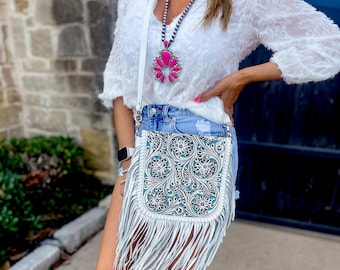 LASER CUT PURSE - distressed white Western Genuine Tooled Leather Crossbody Messenger Fringe Purse Bag Western Rodeo