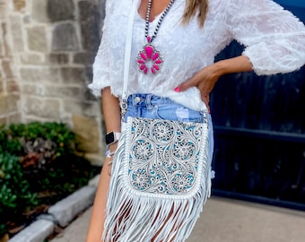 RESTOCKED | LASER CUT purse - distressed white Western Genuine Tooled Leather Crossbody Messenger Fringe Purse Bag Western Rodeo