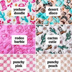 May include: A collection of quilted fabric swatches with various patterns. Designs include cowboy boots, cacti, disco balls, and checkered patterns. Text labels read "yeehaw doodle", "desert disco", "rodeo barbie", "cactus cutie", "punchy pink", "punchy peach", and "turquoise dixie".