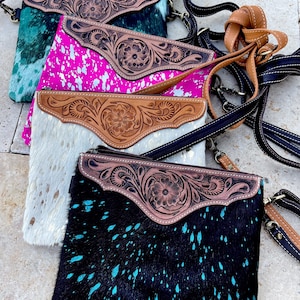 LEATHER CROSSBODY Leather Cowhide clutch crossbody | Crossbody Messenger Fringe Wristlet cowhide Purse Bag Western punchy
