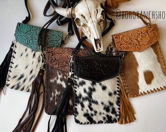 CALLIE PHONE CROSSBODY Western Tooled Leather Cowhide Mini Crossbody cell Phone smart phone mobile Purse | Messenger Fringe Purse Bag punchy