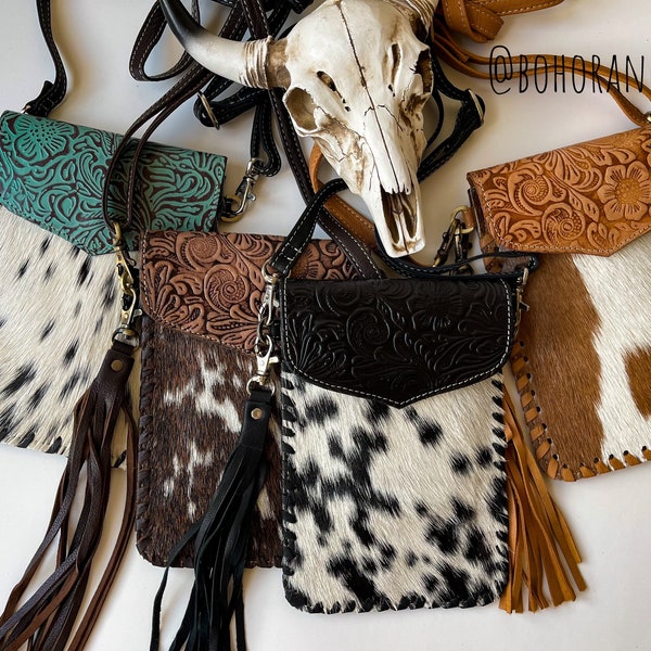 PHONE CROSSBODY Western Tooled Leather Cowhide Mini Crossbody cell Phone smart phone mobile Purse | Messenger Fringe Purse Bag punchy