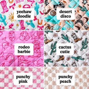 May include: A grid of seven quilted fabric swatches featuring various patterns. Designs include yeehaw doodle, desert disco, rodeo barbie, cactus cutie, punchy pink, punchy peach, and turquoise dixie, each labeled with its respective text name.