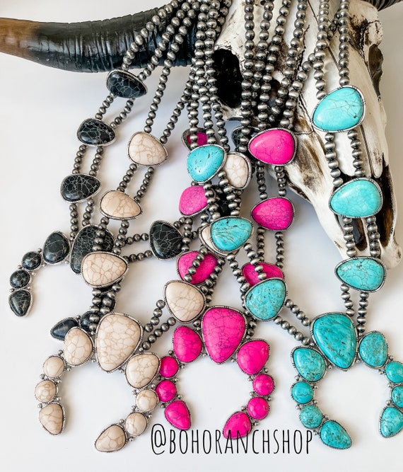 STATEMENT SQUASH BLOSSOM Necklace White Buffalo Black Pink
