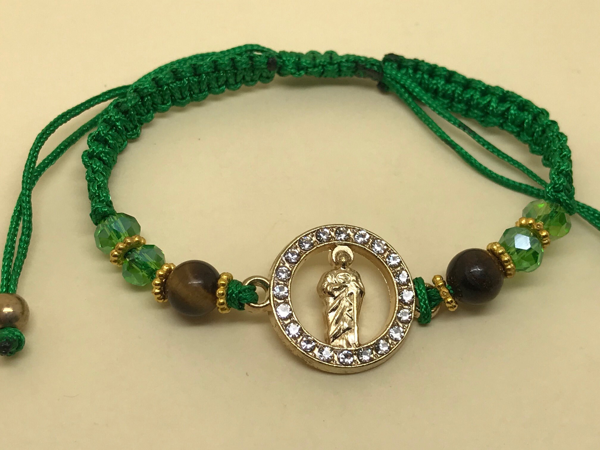 St Jude Zirconia Medal Green Macramé adjustable Bracelet for Etsy