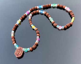 Tulsi Wood Necklace: Radha Pendant, Crystal Beads, Handcrafted