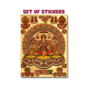 Set aus 13 Diwali Stickern, Lakshmi Saraswati Ganesh, goldener Folie, US Letter Size (A4)