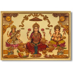 Adesivo in lamina dorata Lakshmi Saraswati Ganesh Kuvera, con cornice o senza cornice
