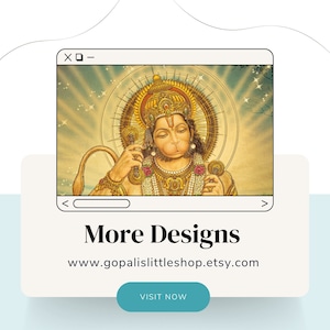 May include: A digital art print of a deity with a golden crown and jewelry, set against a radiant background. The image is displayed within a computer window frame, with the text "More Designs" and a website address below.