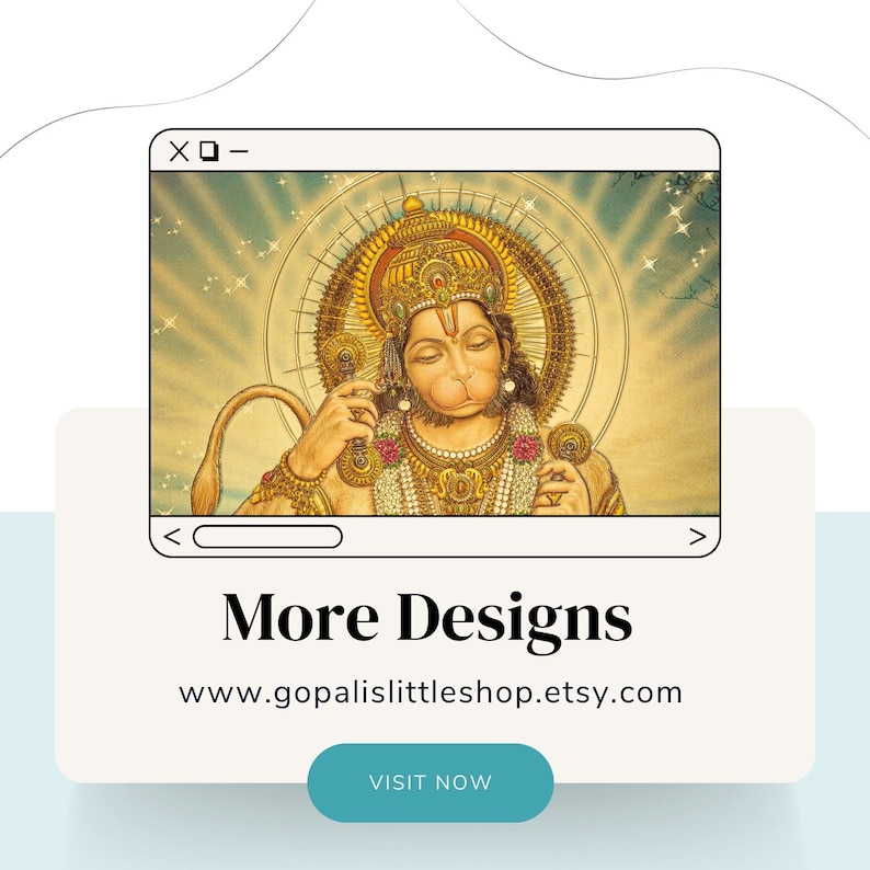 May include: A digital art print of a deity with a golden crown and jewelry, set against a radiant background. The image is displayed within a computer window frame, with the text "More Designs" and a website address below.