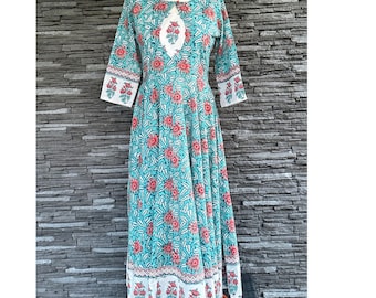 Anarkali Dress - Blue, 100% Pure Cotton, Small Size