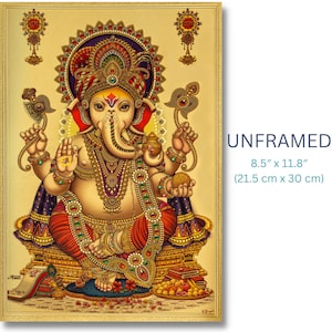 May include: An unframed, ornate artwork featuring a detailed depiction of the Hindu deity Ganesha. The image showcases Ganesha in a seated position, adorned with vibrant colors and intricate jewelry. The artwork measures 8.5" x 11.8".