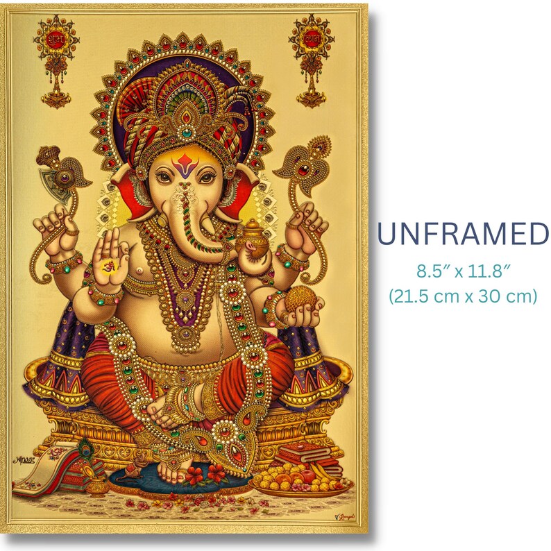 May include: An unframed, ornate artwork featuring a detailed depiction of the Hindu deity Ganesha. The image showcases Ganesha in a seated position, adorned with vibrant colors and intricate jewelry. The artwork measures 8.5" x 11.8".
