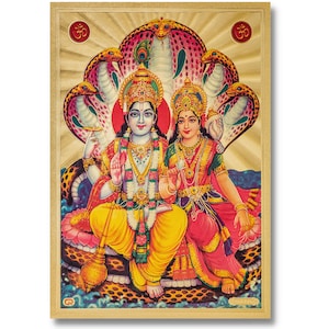 May include: A colorful Hindu deity painting depicting Vishnu and Lakshmi, seated on a multi-headed serpent, with a golden background and the symbol "Om" in the top corners.