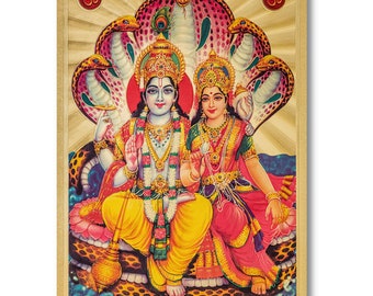 Vishnu et Lakshmi, impression feuille dorée, encadrée ou non