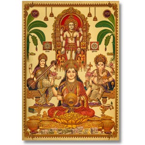 Lakshmi Saraswati Ganesh Kuvera Goldene Folienaufkleber, gerahmt oder ungerahmt