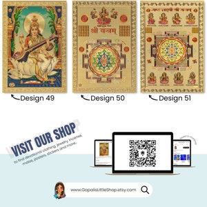 May include: Three digital prints of Hindu deities, each with a gold background and intricate designs. The first print features a goddess playing a stringed instrument, the second print features a geometric design with the text "श्री यन्त्रम्" in Sanskrit, and the third print features a geometric design with the text "अष्ट लक्ष्मी श्री यन्त्रम्" in Sanskrit.