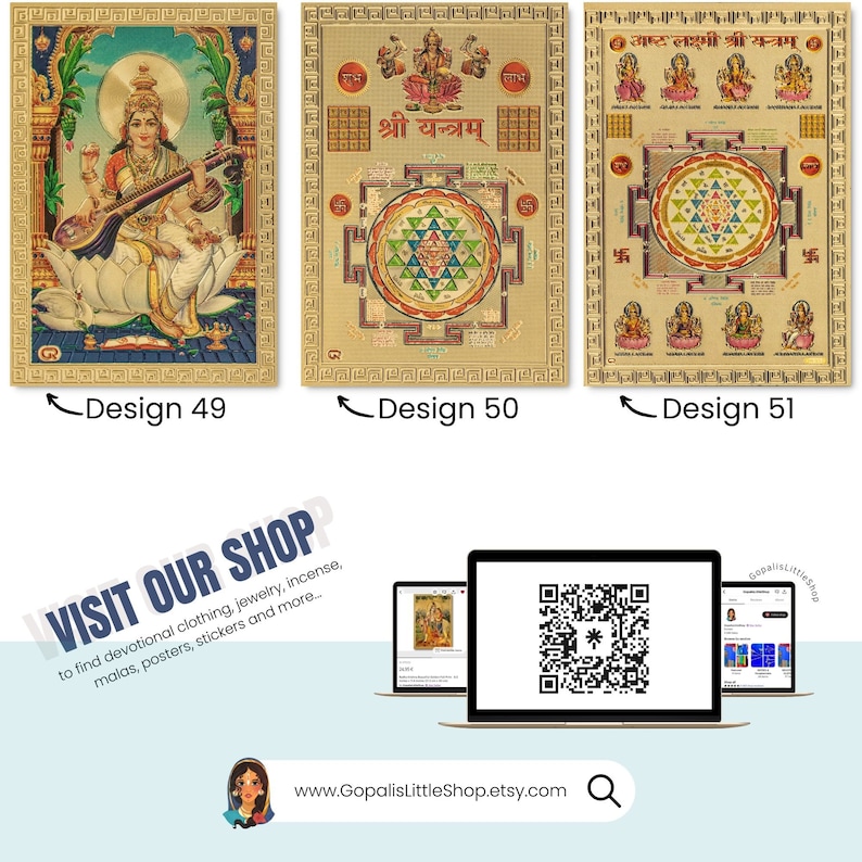 May include: Three digital prints of Hindu deities, each with a gold background and intricate designs. The first print features a goddess playing a stringed instrument, the second print features a geometric design with the text "श्री यन्त्रम्" in Sanskrit, and the third print features a geometric design with the text "अष्ट लक्ष्मी श्री यन्त्रम्" in Sanskrit.