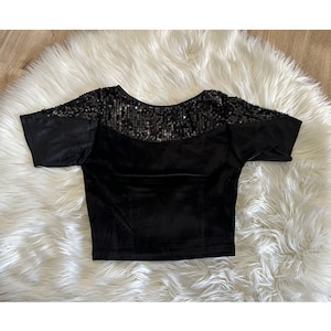 Black Velvet Choli with Sequins and Short Sleeves - Large