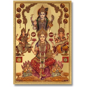 Adesivo in lamina dorata Lakshmi Saraswati Ganesh Vishnu, con cornice o senza cornice