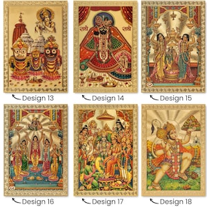 May include: Six colorful framed images of Hindu deities, including Krishna, Rama, and Hanuman. The images are set against a gold background and have a decorative border.