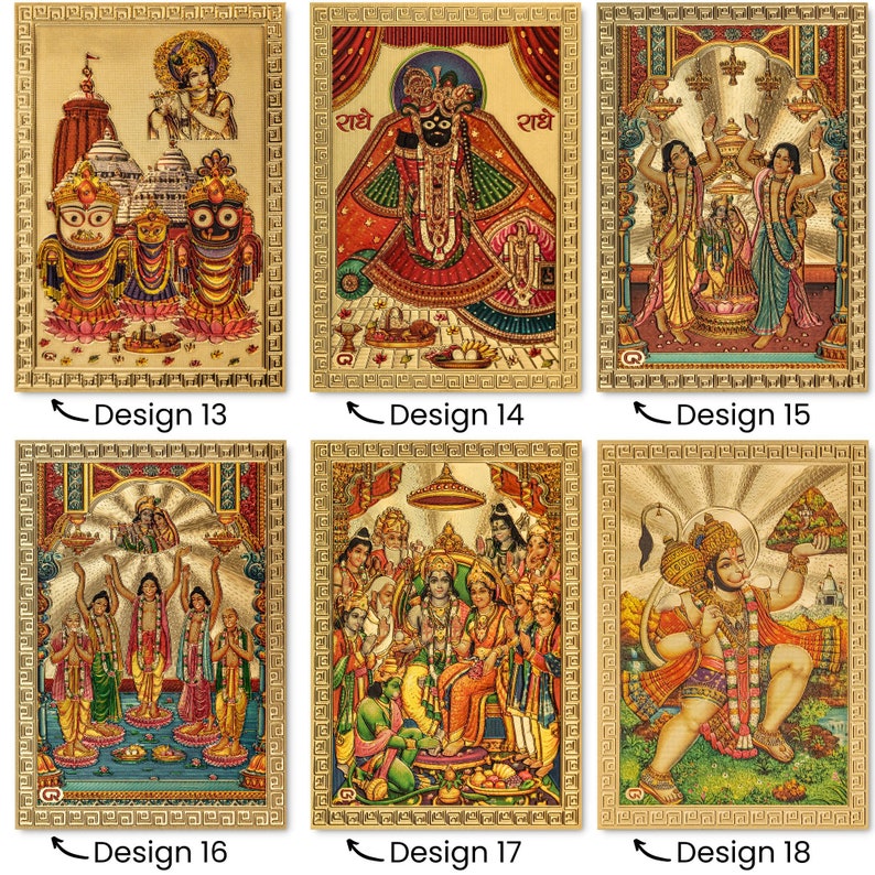 May include: Six colorful framed images of Hindu deities, including Krishna, Rama, and Hanuman. The images are set against a gold background and have a decorative border.