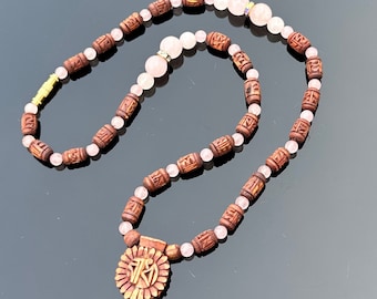 Radha Engraved Tulsi Wood Necklace: Rose Quartz Gemstone Pendant