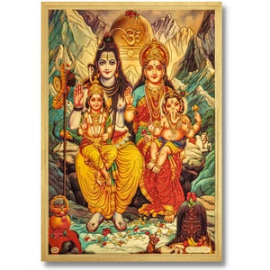 Shiva Parivar Golden Foil Print, Framed or Unframed, Choose Size