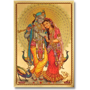 Impression feuille dorée Radha Krishna, encadrée ou non, taille au choix