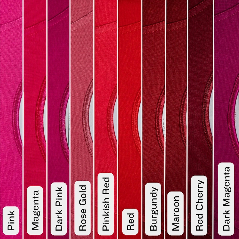 May include: A color palette of various shades of pink and red t-shirts. The colors range from light pink to dark magenta, with labels identifying each shade: Pink, Magenta, Dark Pink, Rose Gold, Pinkish Red, Red, Burgundy, Maroon, Red Cherry, and Dark Magenta.