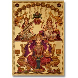 Adesivo in lamina dorata Lakshmi Saraswati Ganesha, con cornice o senza cornice