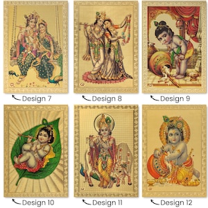 May include: Six different designs of gold-toned framed images featuring Hindu deity Krishna. The images depict Krishna in various poses, including playing the flute, with his consort Radha, and as a child. The images are framed with a gold-toned border and have a decorative pattern.